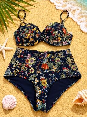 Tory Burch Navy Floral High-Waist Bikini Set. XS